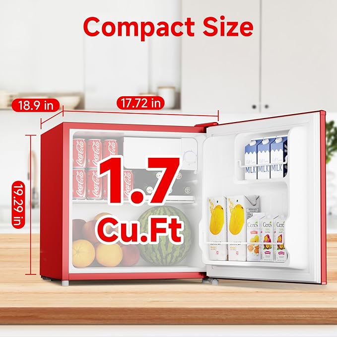 BANGSON 1.7 Cu.Ft Mini Fridge with Freezer, Compact Single Door Refrigerator - Energy Saving, Low Noise - Perfect for Office, Apartment, Dorm, Bedroom,Red