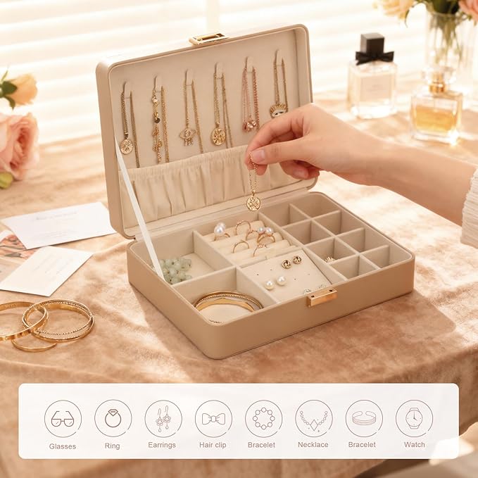 Leather Jewelry Box with Lock Small Jewelry Chest for Women Gift Box for Necklace, Ring, Earring Storage Portable Design Apricot