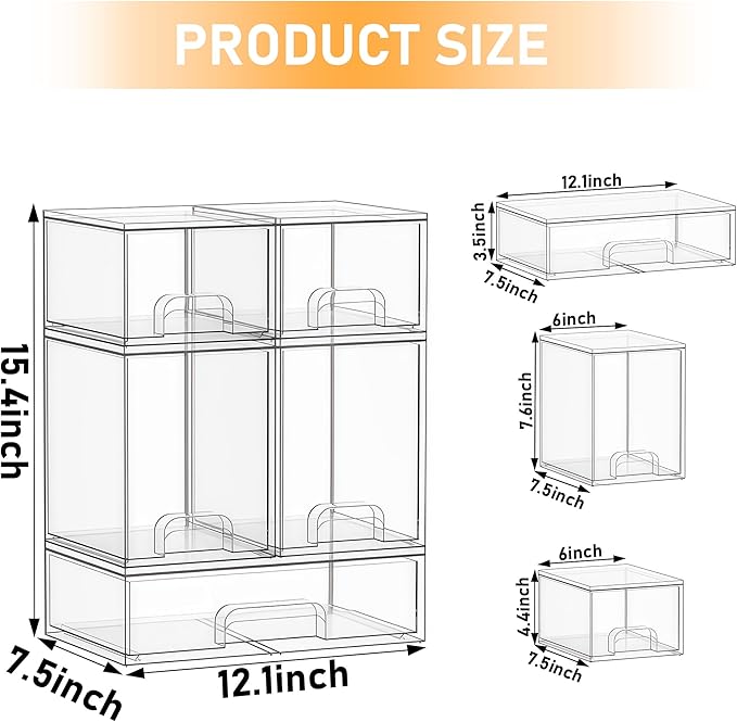 Stackable Storage Drawers Set of 5, Baby Bottle Organizer, Clear Multipurpose Storage for Countertop - Organize Kitchen, Vanity, Bathroom Cabinet & Pantry Supplies