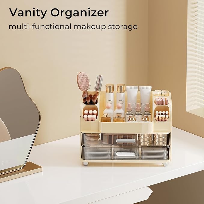 Makeup Organizer for Vanity with 2 Large Drawers, Cosmetic Display Case with Brush Holders, Easy to Storage for Bathroom Countertop Skincare, Desk Office Supplies, Cream White
