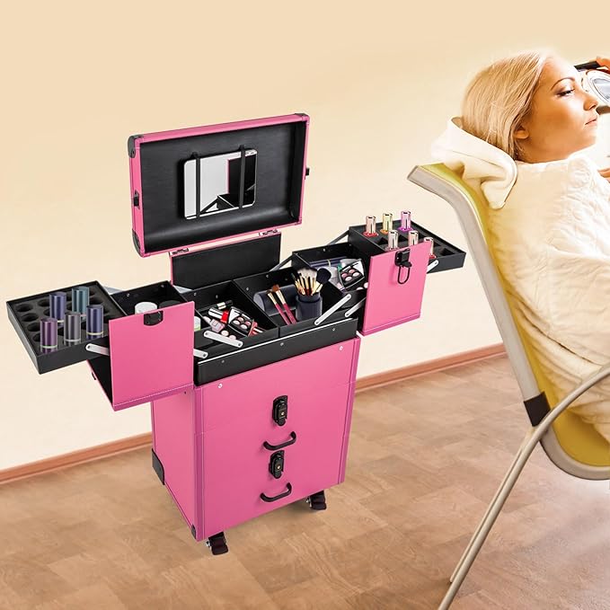 Rolling Makeup Train Case with Wheels and Mirror, Lockable Portable Cosmetic Organizer Trolley, Large Make up Cosmetic Orgainzer, Pro Makeup Artists Multifunction Cosmetics Trolley Train Case (Rose)