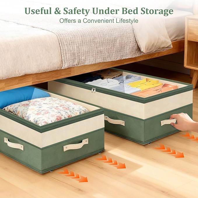 Dolicer 4 Pack Under Bed Storage with Wheels, 6in-10in Height Adjustable Underbed Storage Containers, 92L XXXL Under Bed Drawers Rolling Bin with Clear Lids for Dorm Shoes Clothes Organizers(Green)