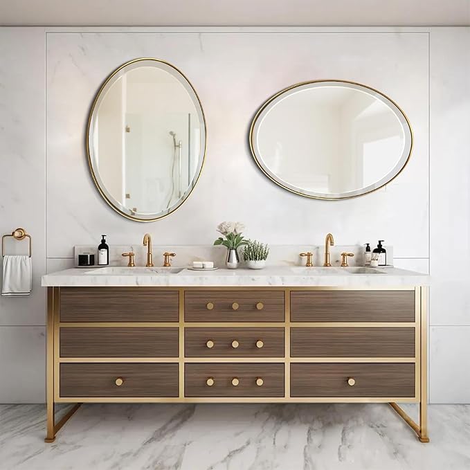 POZINO Vanity Beveled Mirrors, 22"x30" Oval Mirror for Over Sink, Modern Brass Mirror with Stainless Steel Frame, Brush Gold Rounded Mirrors for Bathroom Bedroom Living Room, Horizontal Or Vertical ﻿
