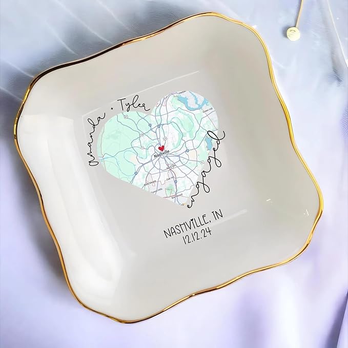 Chillever Custom Map Engaged Trinket Dish, Location Engagement Gifts For Couple Jewelry Tray, Ring Dish, Newly Engaged Ring Holder Best Gift For Lover 2