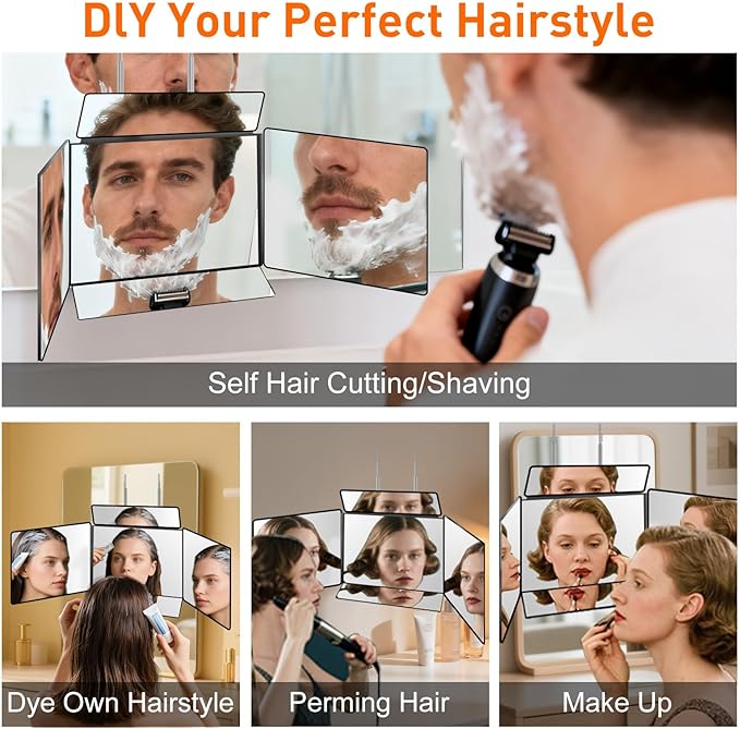 5 Way Mirror for Self Hair Cutting, 360 Haircuts Mirror Men for Barber Use Tools, to See Back of Head, Tri Fold with Portable Height Adjustable Telescoping Hooks