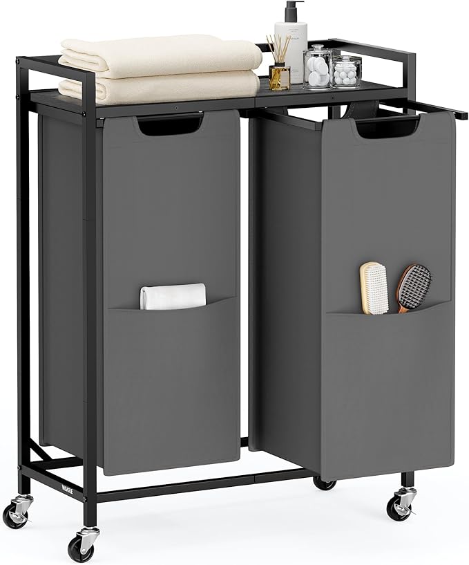 VASAGLE Laundry Sorter, 29 Gal. (110 L) Laundry Hamper Basket with 2 Compartments, Rolling Cart with Wheels, Shelf, Removable Bags, Pockets, Slate Gray and Charcoal Gray UBLH021G01