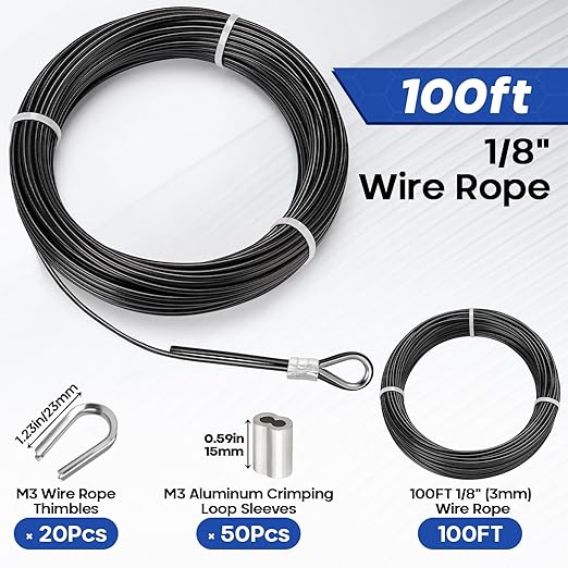 TooTaci 1/8 Black Vinyl Coated Stainless Steel Cable, 100ft Wire Rope with 50pcs Crimping Sleeves and 20pcs Thimbles, 7x7 Strand Core Metal Cable for String Light, Shade Sail, Clothesline, Curtain