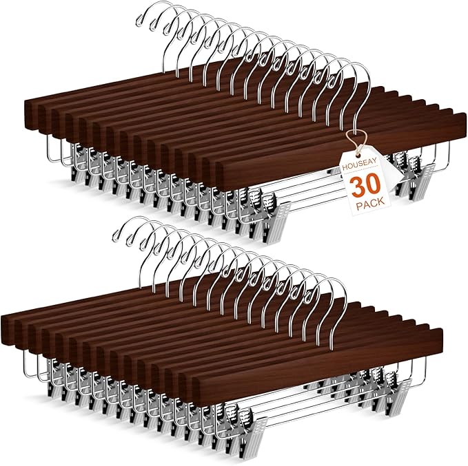Sieral 30 Pack Wooden Pants Hangers with Clips Solid Wood Skirt Suit Coat Hangers with 2 Adjustable Clips 360 Degree Swivel Hook for Trousers Jeans Slacks Shorts Bottom, 14 Inch(Brown,Stylish)