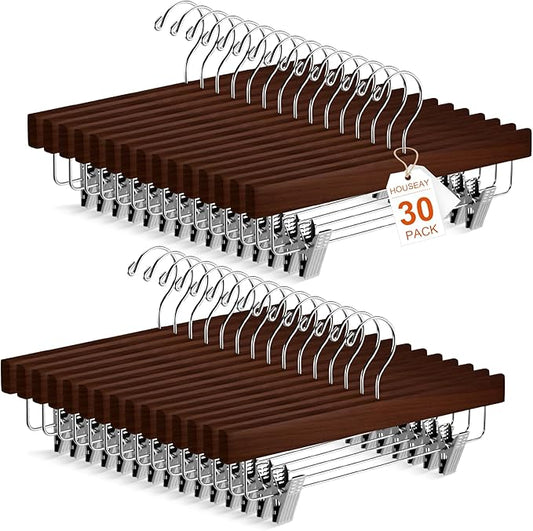 Sieral 30 Pack Wooden Pants Hangers with Clips Solid Wood Skirt Suit Coat Hangers with 2 Adjustable Clips 360 Degree Swivel Hook for Trousers Jeans Slacks Shorts Bottom, 14 Inch(Brown,Stylish)