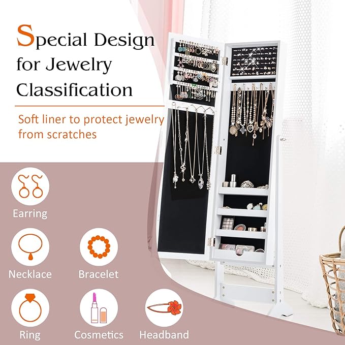 GOFLAME Jewelry Cabinet, Jewelry Organizer with Full Length Mirror Door, Standing Makeup Mirror Cabinet, Freestanding Jewelry Organizer with Large Storage Capacity (White)