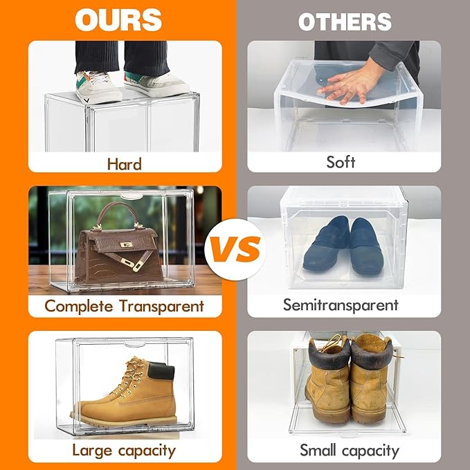 10 Pack Acrylic Shoe Box Size 14, X-Large Purse Handbag Organizer Clear Sneaker Display Case Boot Storage Box Transparent Stackable Storage Bins with Magnetic Lids