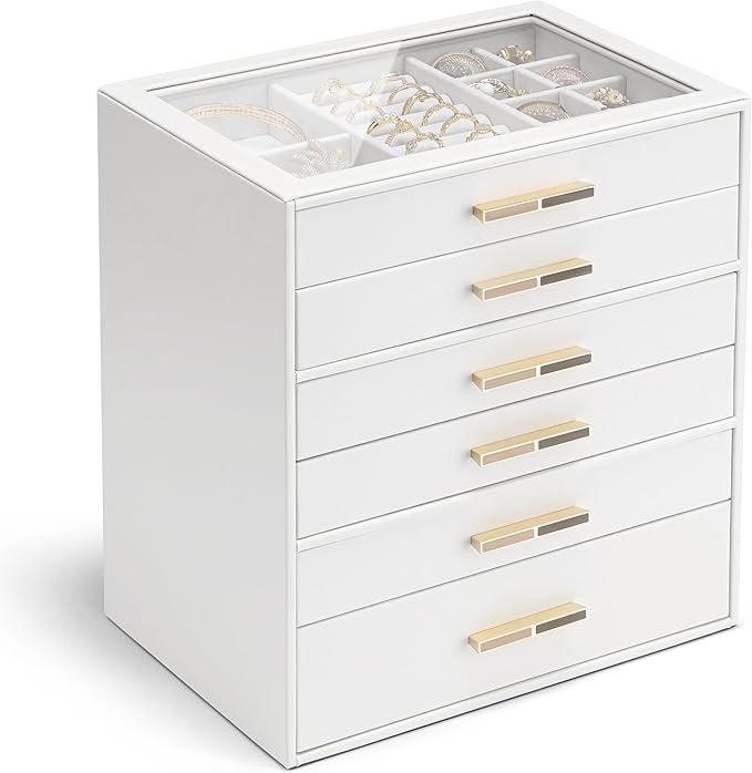 Vlando 6 Layer Jewelry Box for Women, Glass Lid Jewelry Organizer with 6 Drawers for Necklaces Rings Earrings Bracelets - White