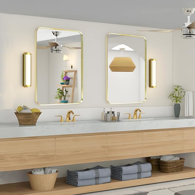 Wall Mount Mirror for Bathroom, Brushed Gold Metal Framed Rounded Corner Rectangular Vanity Mirror (24" x 36", Gold)