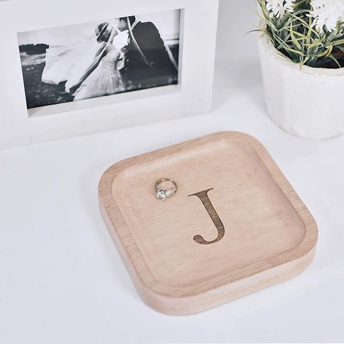 I'm Wooden Personalized Letter Catchall Valet Tray Trinket Dish Jewelry Tray Key Bowl Decorative Plate Organizing Ring Earrings Necklaces Bracelet Watch Coins Wallet Holder (6"x6" Sq Natural J)