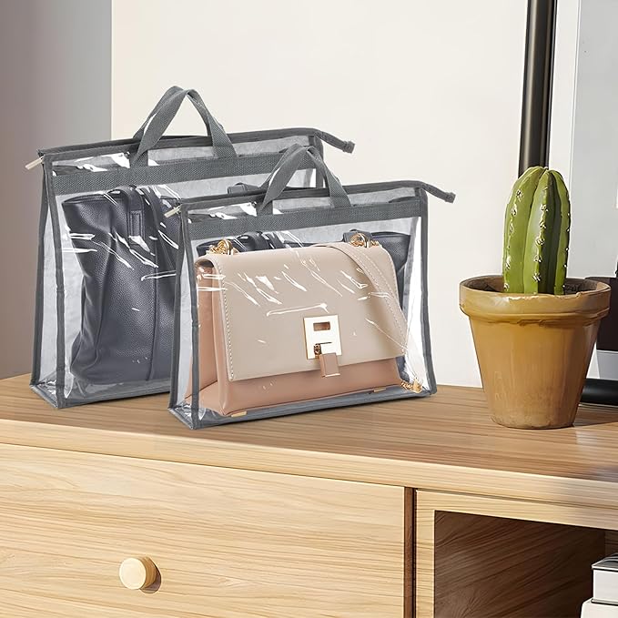 12 Pack Dust Bags for Handbags, Clear Handbag Storage Organizer for Closet, Purse Protector Storage Bag with Zipper and Handle, Hanging Dust Cover Bag for Handbags