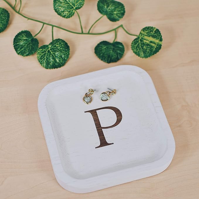 I'm Wooden Personalized Letter Catchall Valet Tray Trinket Dish Jewelry Tray Key Bowl Decorative Plate Organizing Ring Earrings Necklaces Bracelet Watch Coins Wallet Holder (6"x6" Sq White P)