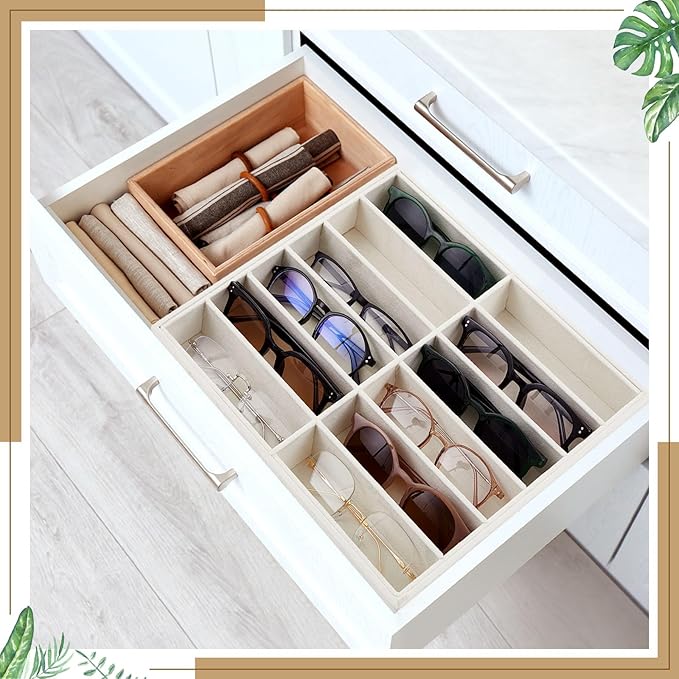 Amylove 2 Pcs Sunglass Organizer Trays Glasses Stackable Jewelry Trays Sunglass Organizer Display Box (12 Grids,Beige)