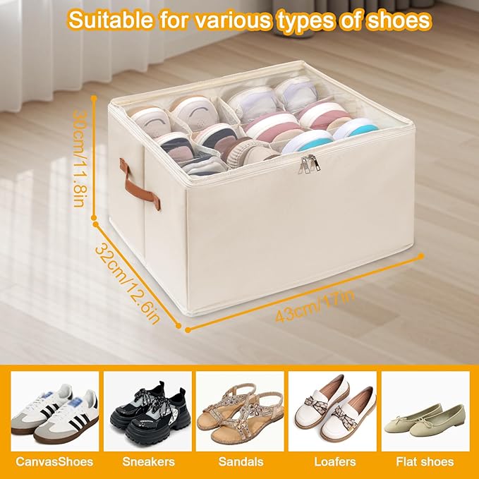 Shoe Organizer for Closet 2 PCS Foldable Shoe Storage Organizer with Clear Cover, Fits up to12 pairs Shoes Organizer Box Bin With Bottom Support (Beige)
