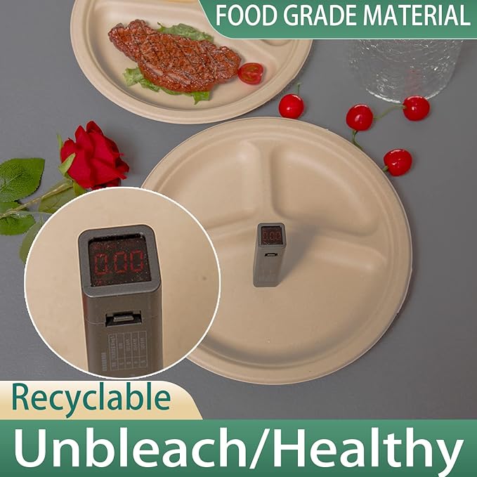 150pack 3 compartment,10inch Disposable Heavy Duty Eco Friendly Round Divided Paper Plates,Compostable Sugarcane Bagasse Sectional Plates disposable For Dinner