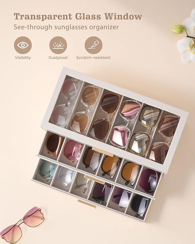 Lolalet Beige Sunglasses Storage Box for Women, Eyewear Eye Glass Organizer with Clear Top Lid Display Holder Case
