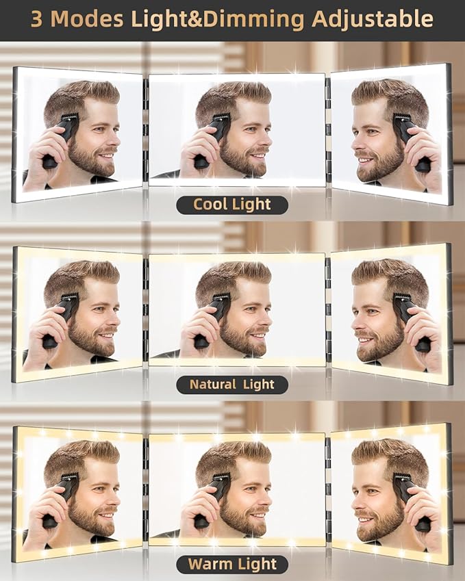 XIGETRAIL Rechargeable 3 Way Mirror for Self Hair Cutting with 8 Light Strips & Telescoping Hooks for Makeup,Shaving,Braiding&Styling-Trifold Barber Mirror