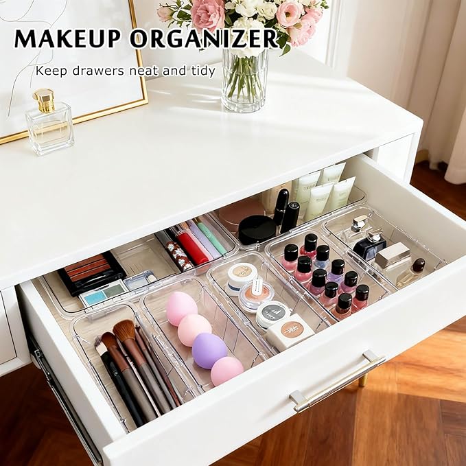 15 Pcs Extendable Drawer Organizer Set, 2 Sizes Adjustable Storage Drawer Units, Clear Plastic Makeup Vanity Organizer for Makeup, Stationeries, Multiple Gadgets for Bathroom, Office, Bedroom