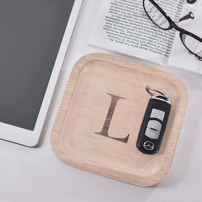 I'm Wooden Personalized Letter Catchall Valet Tray Trinket Dish Jewelry Tray Key Bowl Decorative Plate Organizing Ring Earrings Necklaces Bracelet Watch Coins Wallet Holder (6"x6" Sq Natural L)
