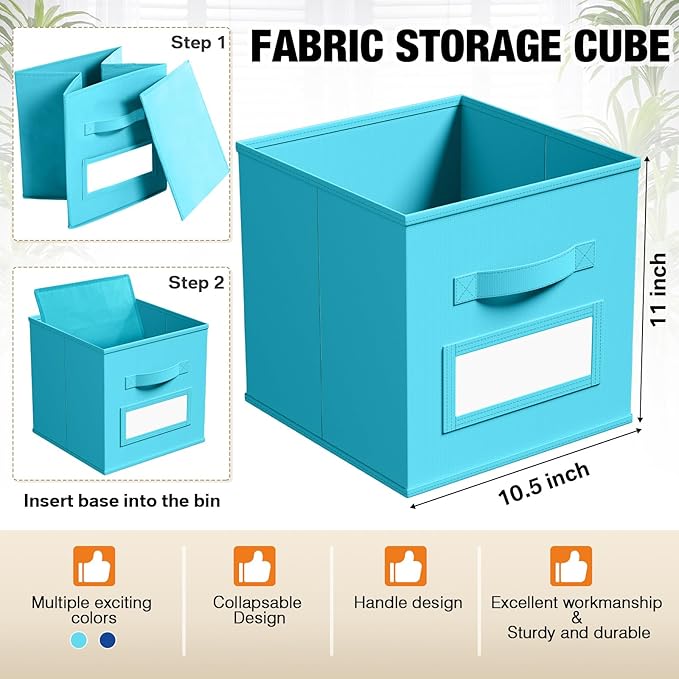 10 Pcs Fabric Storage Cubes with Labels 11 Inch Collapsible Cube Organizer Baskets with Window Cards for Shelf Nursery Clothes Book Toys Storage Bin(Lake Blue, Navy Blue)