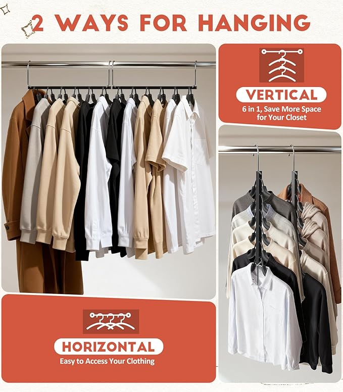 Clothes Hangers Space Saving 6 Tier Coat Hangers, Swing Arm Non Slip Padded Multi Sweater & T Shirt Hangers, 3 Packs Heavy Duty Stainless Steel Sweater Closet Organizers and Storage