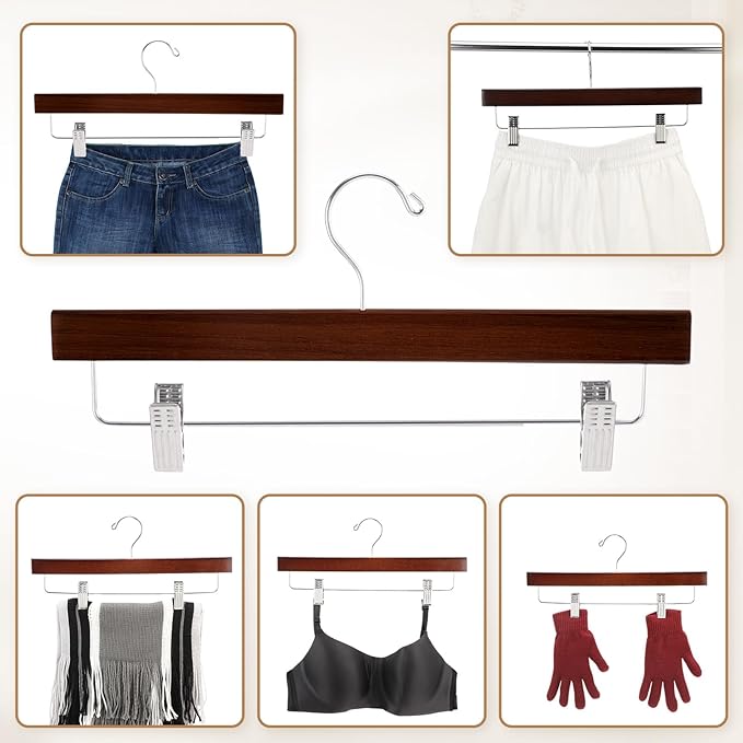 Sieral 30 Pack Wooden Pants Hangers with Clips Solid Wood Skirt Suit Coat Hangers with 2 Adjustable Clips 360 Degree Swivel Hook for Trousers Jeans Slacks Shorts Bottom, 14 Inch(Brown,Stylish)