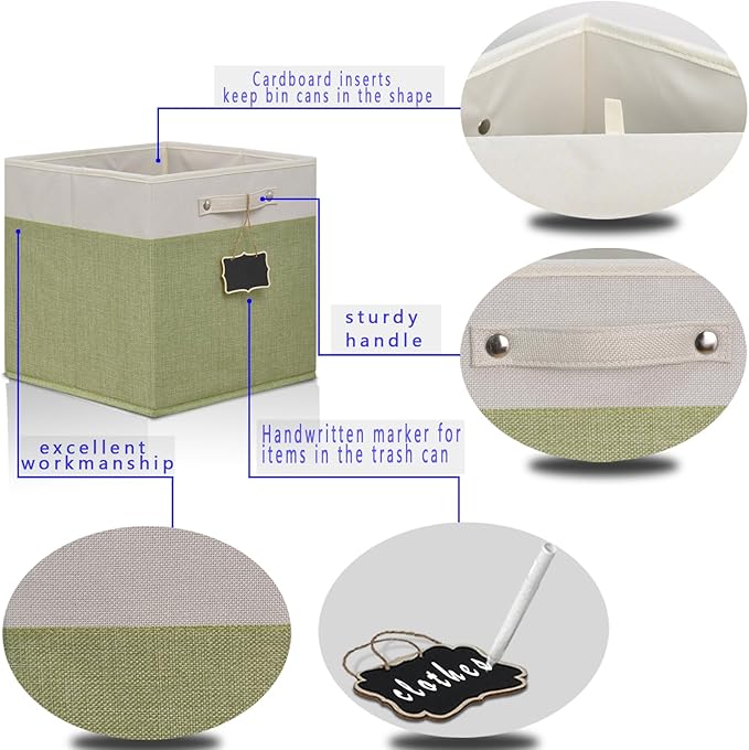 12 x 12 storage cubes,Collapsible Fabric Storage Cubes with Labels 4 Pack,Linen Cube Storage Organizer Bins with Cotton Handles for Home,Nursery,Clothes,Cabinet, Shelves and Closet(White green).
