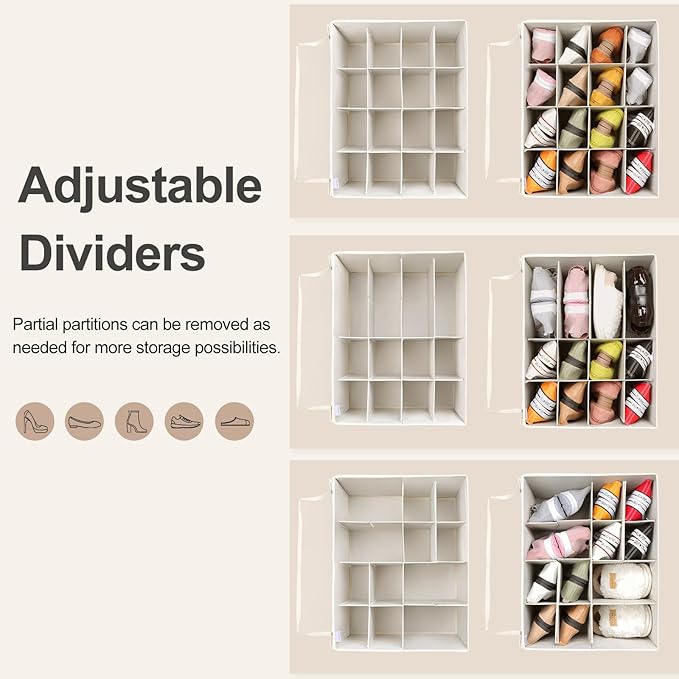 Shoe Organizer for Closet, Foldable Shoe Box with Adjustable Dividers and Clear Cover, Space Saving Shoe Storage Organizer Cabinet with Reinforced Handles, Fits 16 Pairs, Beige TP09Y