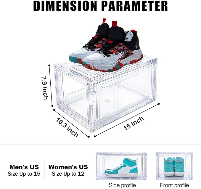 Upgraded 12 Pack Shoe Box,Acrylic Clear Shoe Boxes,Drop Front Shoe Storage Box,Clear Plastic Stackable Sneaker Box,Shoe Containers,Shoe Display Case,Sneaker Storage,Fits Up to Size 15