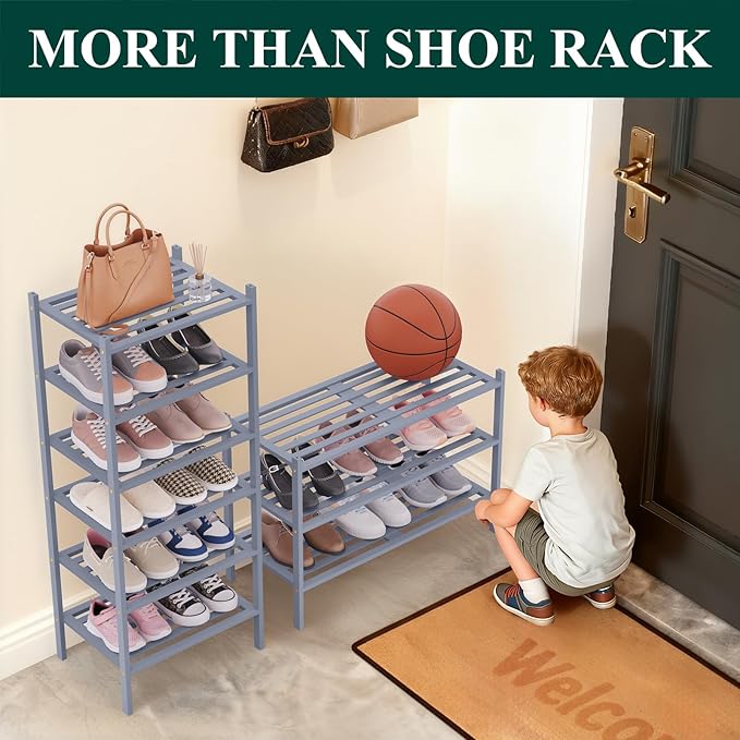 Smiry Bamboo Shoe Rack 4-Tier, Stackable Wooden Shoe Organizer for Entryway & Closet, Free Standing Wood Shoe Storage Shelf for Front Door & Small Spaces, Grey