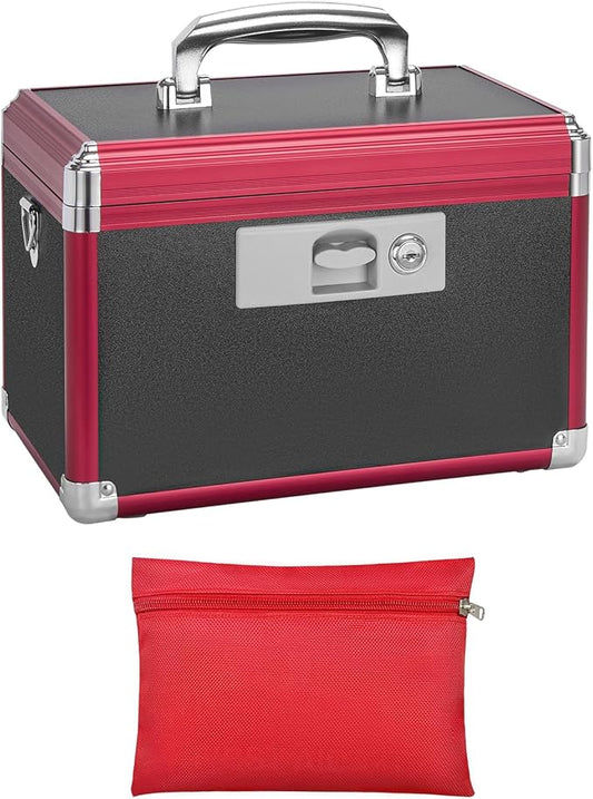 Secure Medicine Lock Box with Key, Childproof Metal Medication Storage Organizer for Home & Travel, Layered Aluminum First Aid Box, Portable & Durable – 11.2" x 7.6" x 7.6" Black & Red