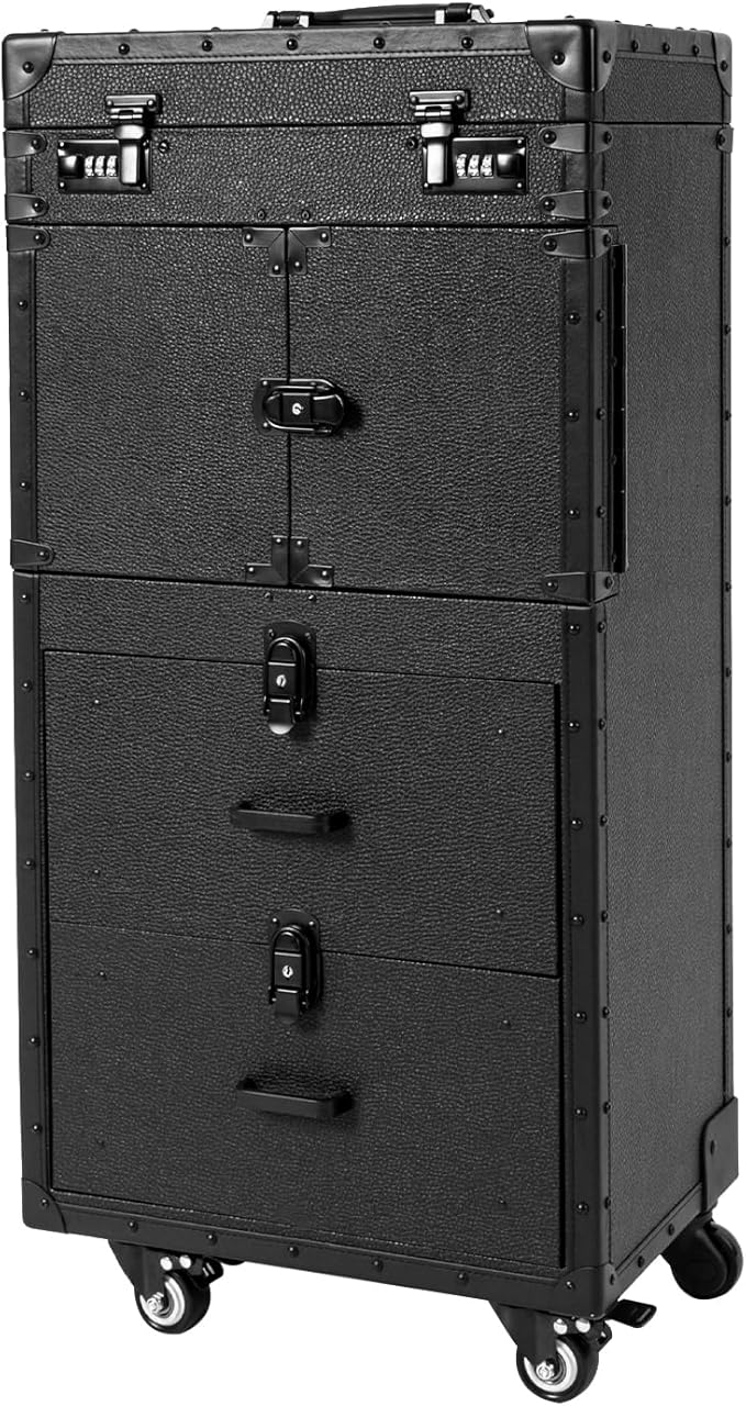 Rolling Makeup Case Large Storage Cosmetic Trolley, Rolling Lockable Makeup Train Case, Stylist Beauty Salon Cosmetic Luggage Travel Organizer Tool Box with Hair Dryer Holder (Black)