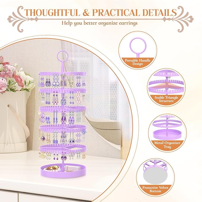 iDavosic.ly 5 Tier Rotating Earring Holder Organizer with Metal Tray, Adjustable Plastic Dangle Display Stands Tree with 285 Grooves, Large Hoop Storage Rack Tower, Purple