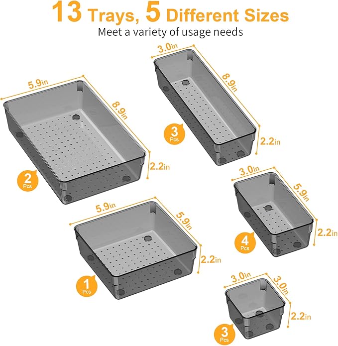 SMARTAKE 13-Piece Drawer Organizers with Non-Slip Silicone Pads, 5-Size Desk Drawer Organizer Trays Storage Tray for Makeup, Jewelries, Utensils in Bedroom Dresser, Office and Kitchen, Light Black