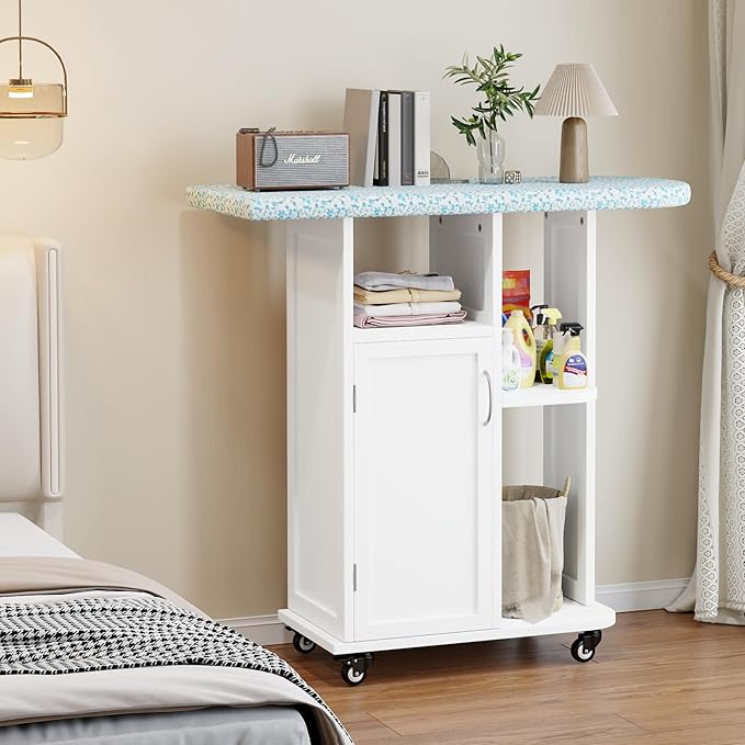 Rolling Ironing Board with Storage Cabinet, Small Ironing Table with Fixed Heat-Resistant Pad, Craft Table with Storage Shelves for Small Spaces, Laundry and Craft Rooms (White Non-Foldable)