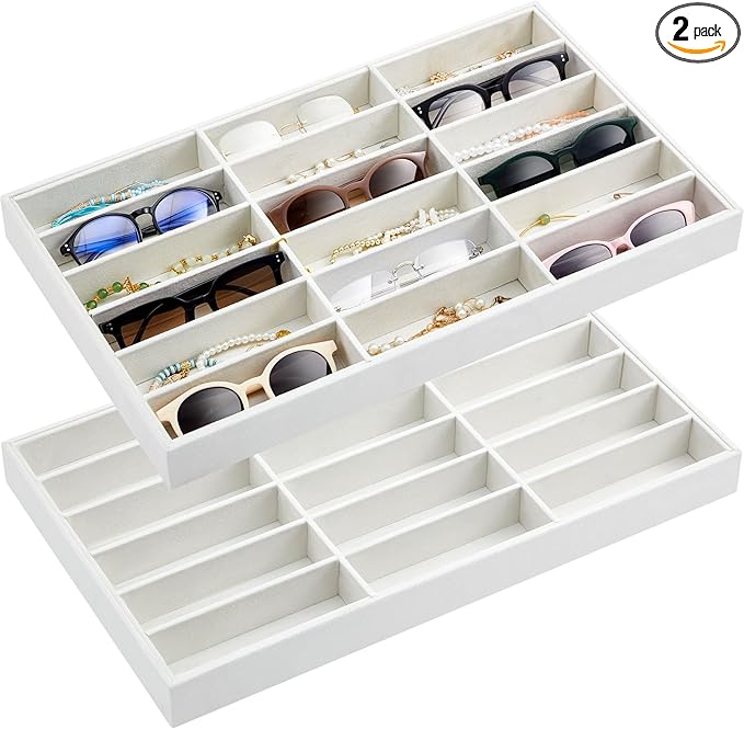 Amylove 2 Pcs Sunglass Organizer Trays Glasses Stackable Jewelry Trays Sunglass Organizer Display Box(18 Grids,Beige)
