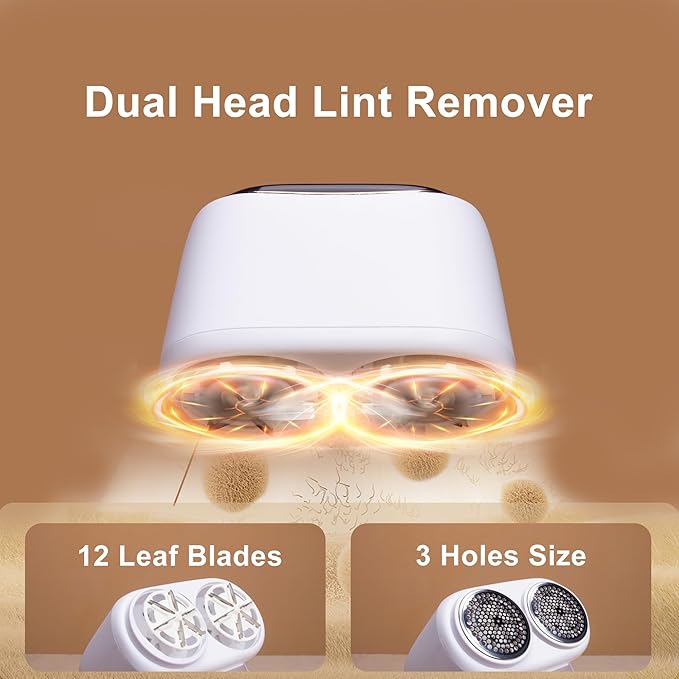Fabric Shaver Lint Removers Rechargeable Sweater Shaver with Dual Head & LCD Display for Clothes Couch Pilling Furniture, 6-Leaf Blades Defuzzer, White, 1 Piece.
