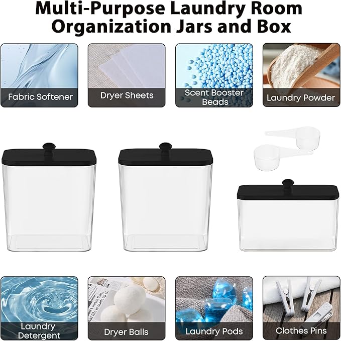 3 Pack Plastic Laundry Pods Container & Dryer Sheet Holder, Laundry Room Organization and Storage Jars with Lids, Scoops & Labels for Detergent, Powder, Scent Booster(Black Lid)