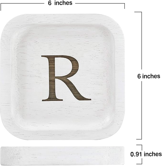 I'm Wooden Personalized Letter Catchall Valet Tray Trinket Dish Jewelry Tray Key Bowl Decorative Plate Organizing Ring Earrings Necklaces Bracelet Watch Coins Wallet Holder (6"x6" Sq White R)
