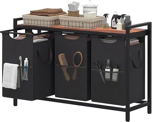 Heybly Laundry Hampers, 3 × 15 Gal (171 L) Laundry Basket with Large Desktop Sorter for Laundry Room organization, Bathroom and Dorm Laundry Bags on Storage Shelf, Walnut HLH003WB