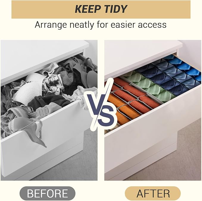 PINGMIC Gray Sock Organizer Divider 4 Pack - 24 Cell Foldable Closet Storage, Tie Organizer For Men Boxes for Socks, Ties, Belts