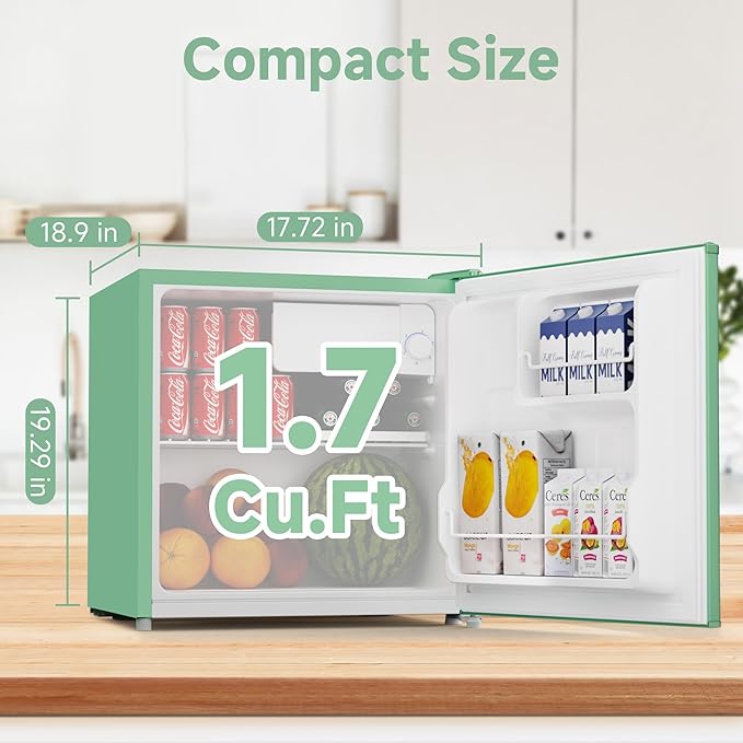 BANGSON 1.7 Cu.Ft Mini Fridge with Freezer, Compact Single Door Refrigerator - Energy Saving, Low Noise - Perfect for Office, Apartment, Dorm, Bedroom,Green