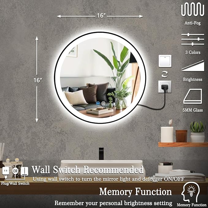 16 Inch Black Bathroom LED Mirror with Light, Black Frame, AntiFog, 3 Color, Wall Mounted Circle Lighted Mirror
