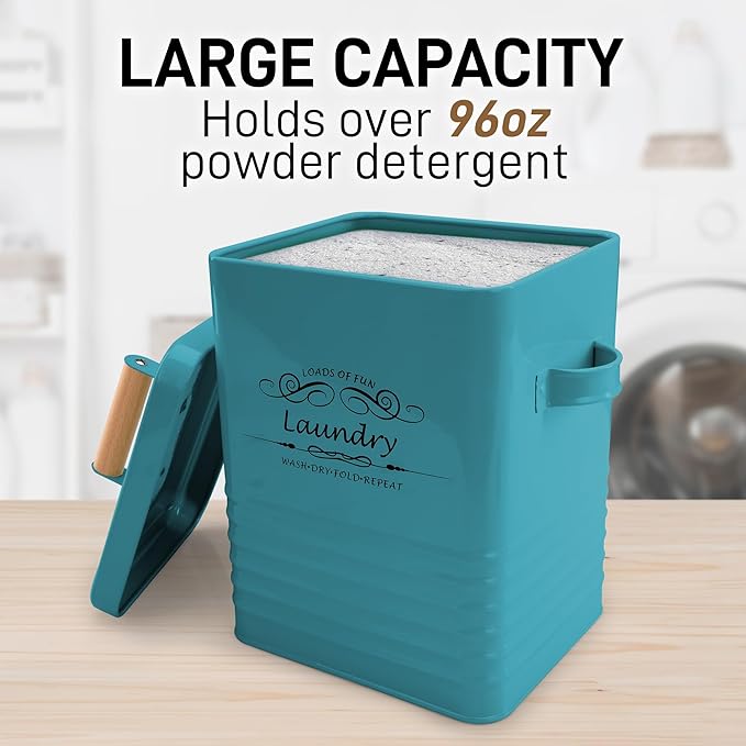 ELITAPRO Detergent Storage Container with Scoop & Lid- Modern Farmhouse Metal Powder Dispenser for Laundry Room Decor and Accessories (Teal)