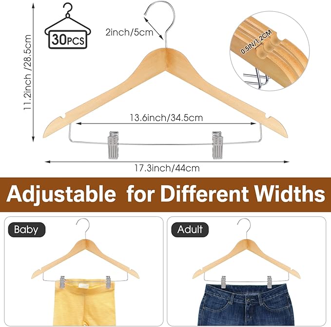 Sieral 30 Pack Wooden Pants Hangers with Clips Solid Wood Skirt Suit Coat Hangers with 2 Adjustable Clips 360 Degree Swivel Hook for Trousers Jeans Slacks Shorts Bottom, 14 Inch(Natural,Classic)