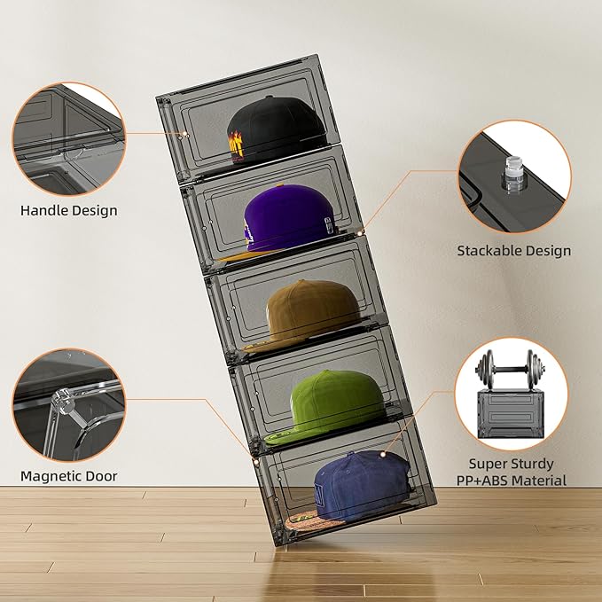 Hat Organizer Box for Baseball Caps, 4 Pack Clear Plastic Hat Storage Box Display Case with Magnetic Door, Hat Rack Holder for Closet, Snapback Organizer, Hold 8 Cap Each